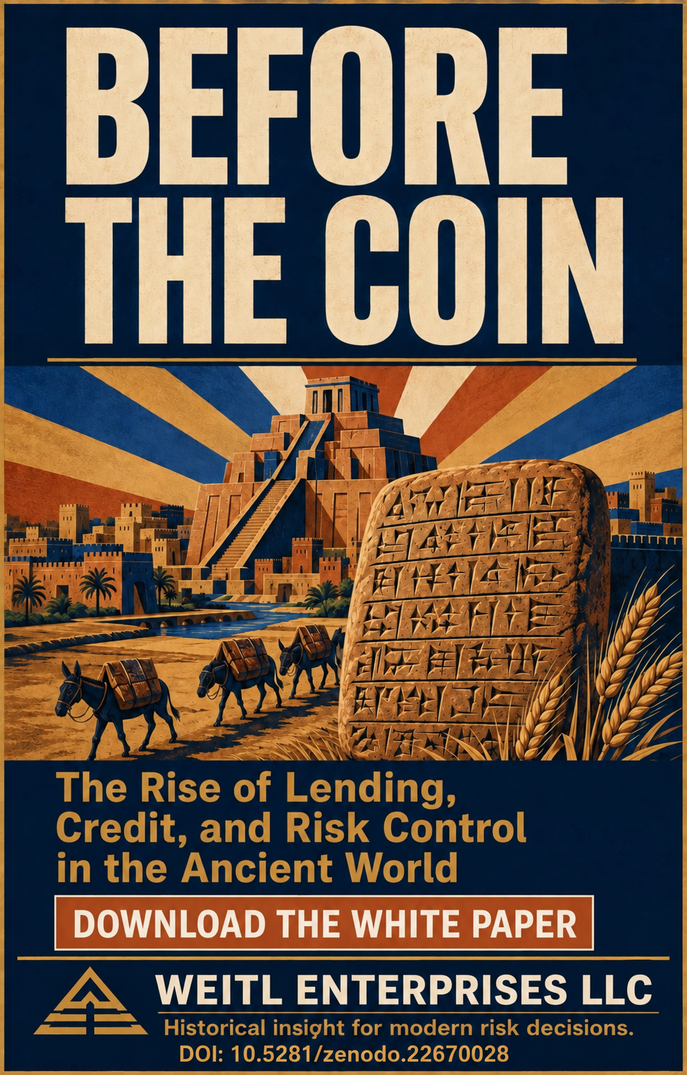 Before the Coin DOI infographic showing a Mesopotamian tablet, ziggurat, and trade caravan.