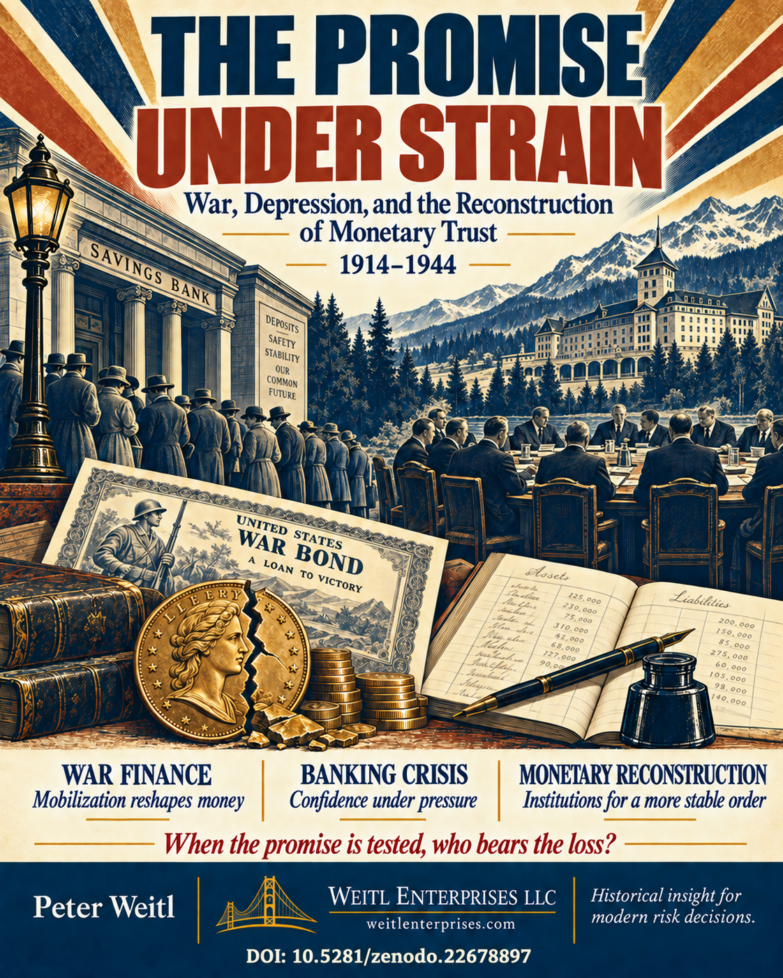 The Promise Under Strain DOI infographic showing a bank queue, a fractured gold coin, war finance, an international conference, and DOI 10.5281/zenodo.22678897.